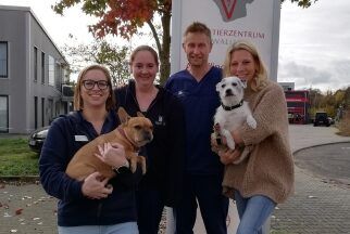Carina Böcher und drei Arbeitskolleg:innen und zwei Hunde stehen vor dem Schild der AniCura Walluf GmbH